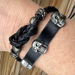 Black Leather Skull Macramé 2-Layer Rope Bracelet! NEW!